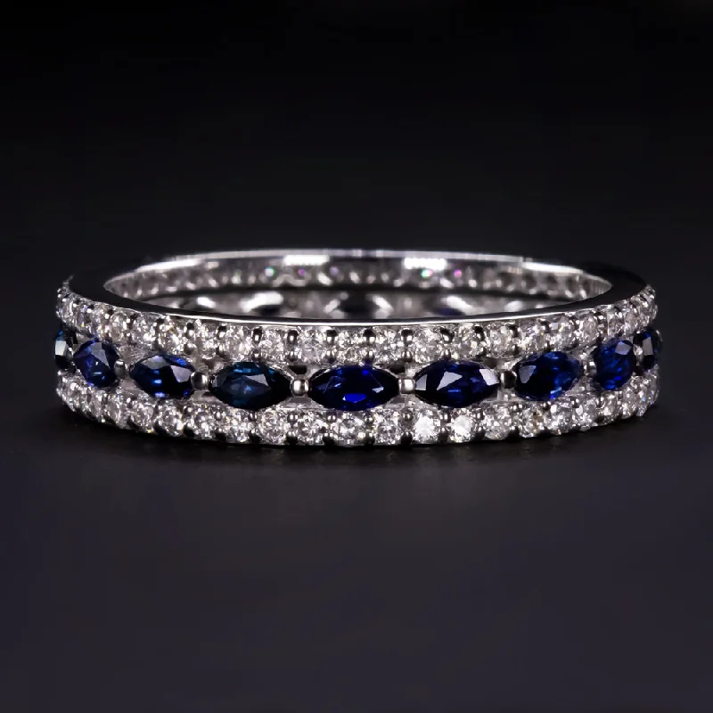 round engagement rings for women-NATURAL SAPPHIRE DIAMOND WEDDING BAND ETERNITY RING 3 ROW MARQUISE WHITE GOLD