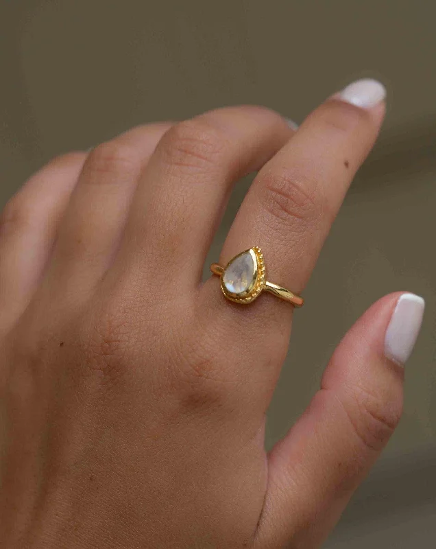 vintage diamond rings for women-Rainbow Moonstone Tear Drop Ring ~ 18k Gold Plated ~ MR311