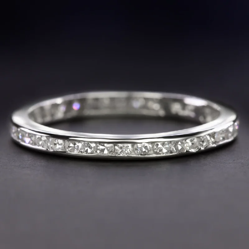 mixed metal engagement rings for women-VINTAGE DIAMOND ETERNITY RING PLATINUM WEDDING BAND CHANNEL STACKING DAINTY