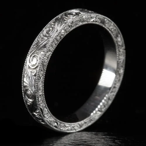 unique design engagement rings for women-VINTAGE STYLE HAND ENGRAVED WEDDING BAND STACKING RING ART DECO 14K WHITE GOLD