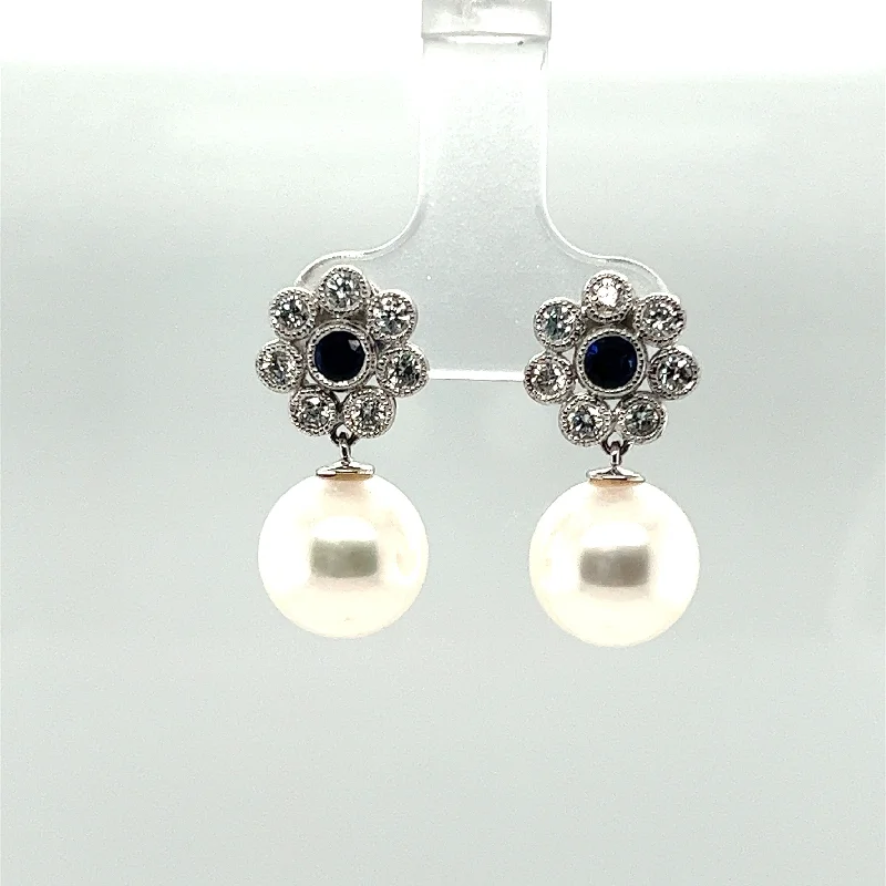 vintage earrings for women-White Fresh Water Pearl with Sapphire and Diamond Dangle Earrings