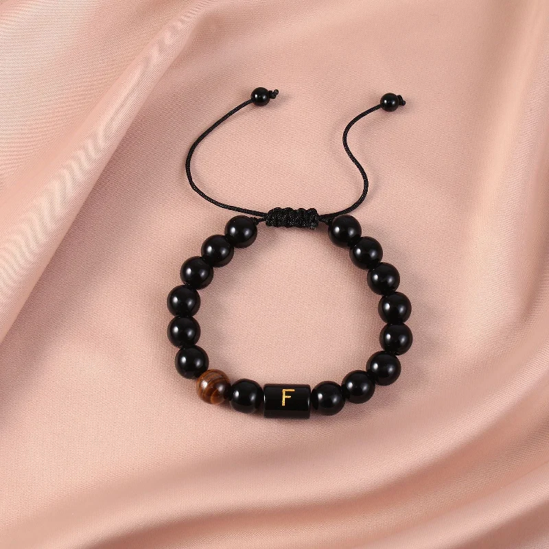 Obsidian Letter F Braided Rope Bracelet