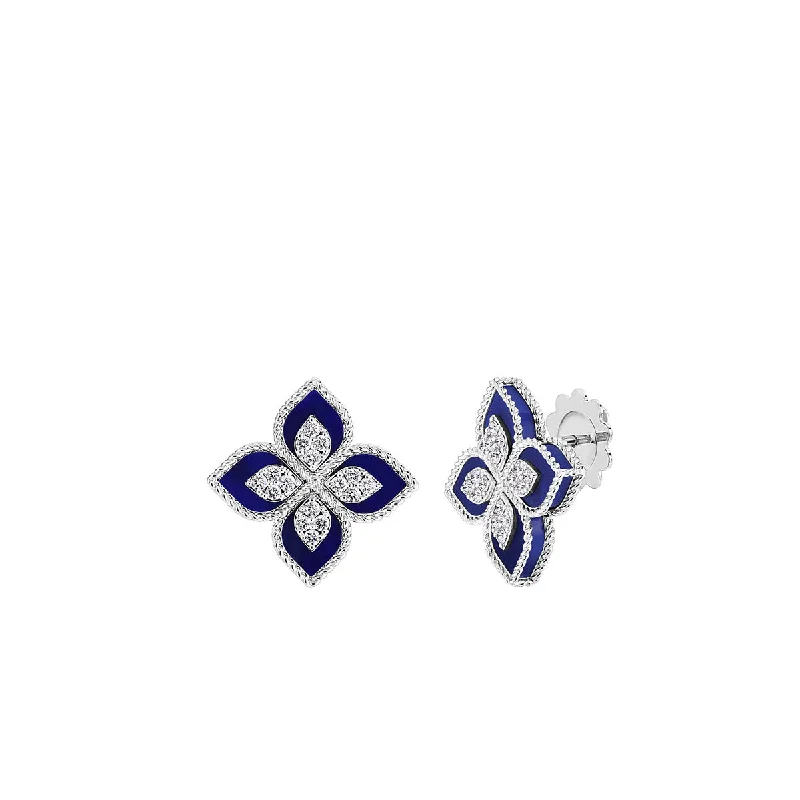 custom earrings for women-18K White Gold Blue Lapis and Diamond Flower Earrings