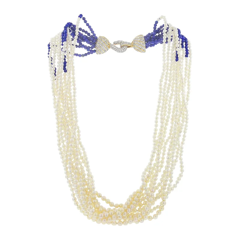 elegant gold necklaces for women-10-Strand Pearl and Lapis Lazuli Necklace with Diamond Clasp