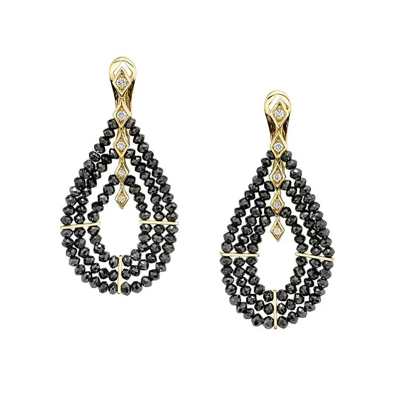 modern earrings for women-Black Diamond Beads and Diamond 3 Row Teardrop Earrings