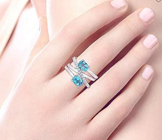 wedding ring sets for women-925 Sterling Silver Multi Row Blue Topaz and White Sapphire Ring