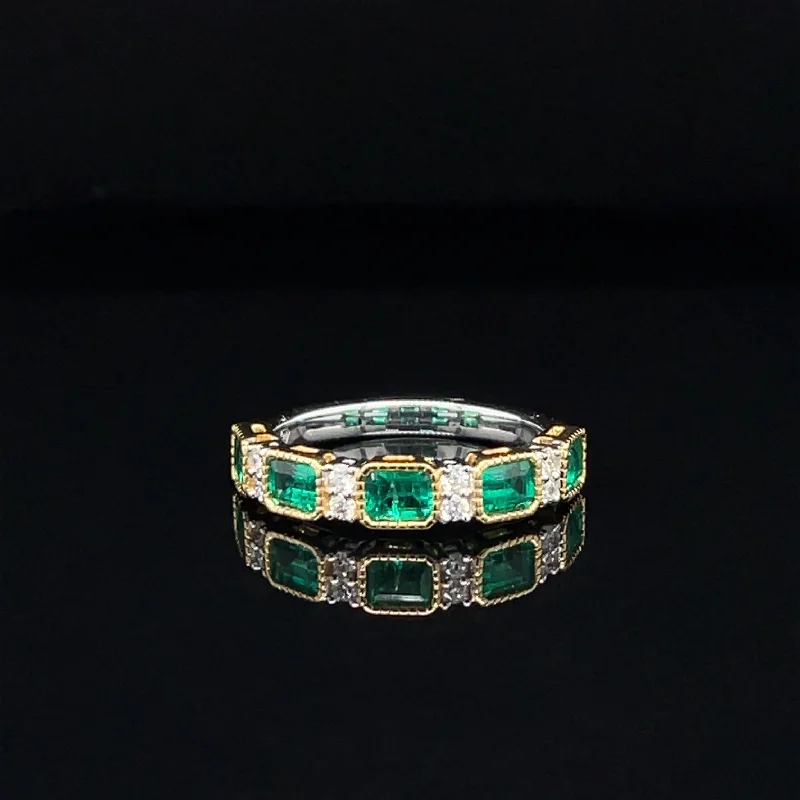 emerald rings for women-Emerald & Diamond Vintage Milgrain Anniversary Ring in 18k Two-Tone Gold  - #518 -RGEME065637