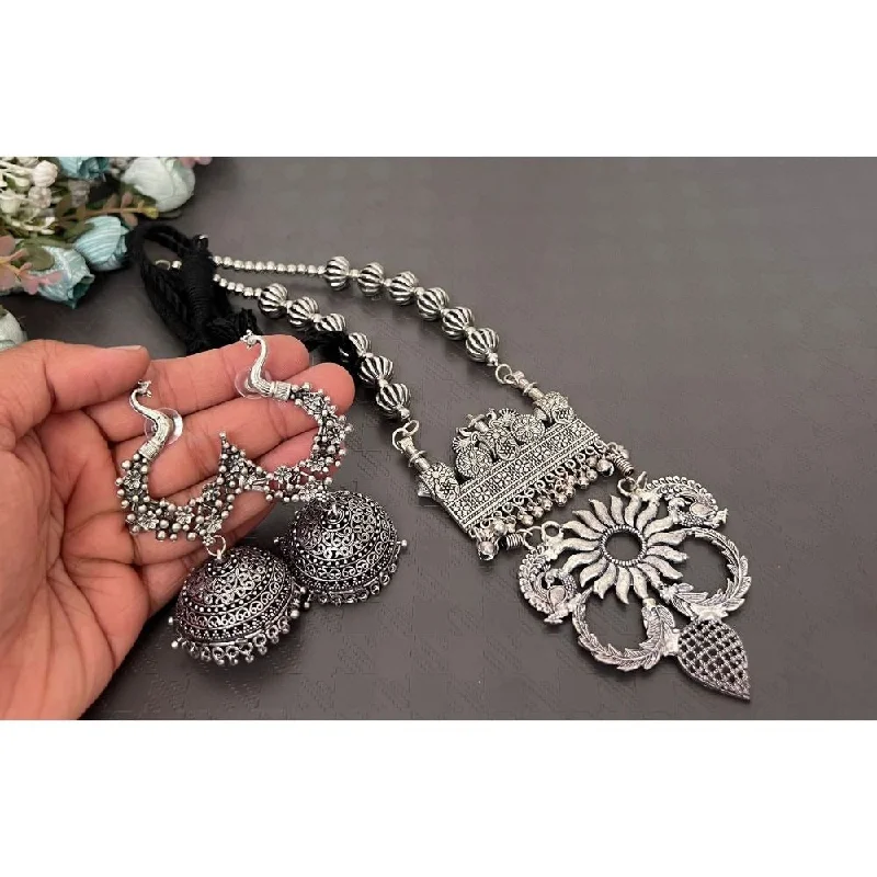 silver chain necklaces for women-Akruti Collection Oxidised Plated Peacock Necklace Set