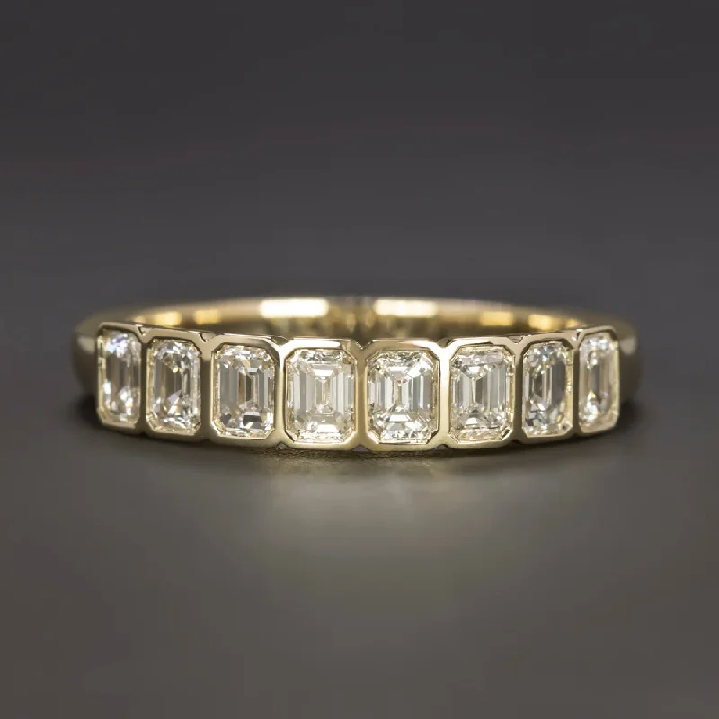 platinum halo engagement rings for women-0.85ct EMERALD CUT DIAMOND WEDDING BAND BEZEL RING YELLOW GOLD HALF ETERNITY