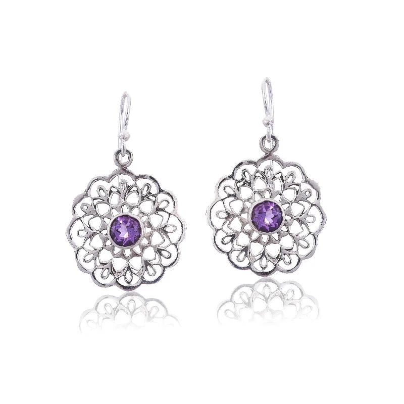 zirconia earrings for women-Silver Mountain 925 Silver Jali cut Amethyst Earring