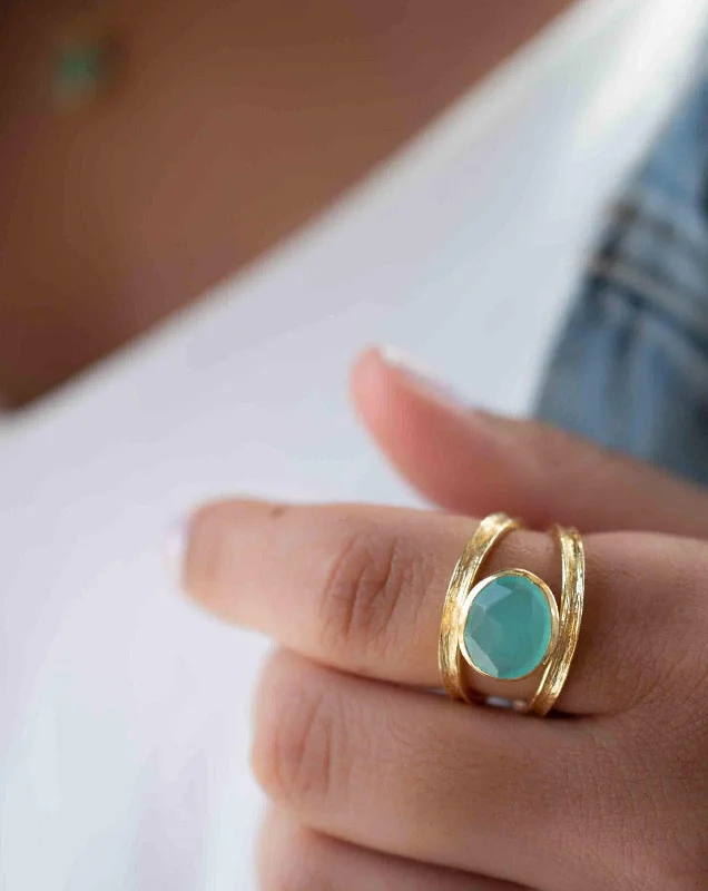 elegant rings for women-Double Ring ~ Aqua Chalcedony ~ 18k Gold Plated ~ MR309