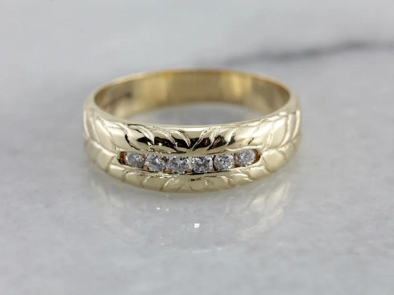 two-tone engagement rings for women-Handsome Unisex Diamond Wedding Band with Hand Engraved Pattern