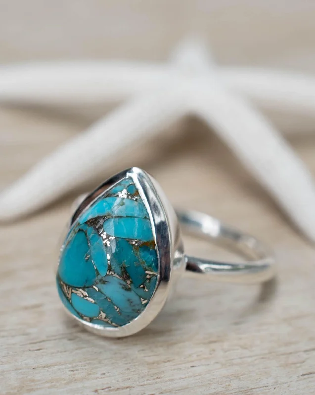 wedding ring sets with diamonds for women-Copper Turquoise Tear Drop Ring ~ Sterling Silver 925 ~ MR224