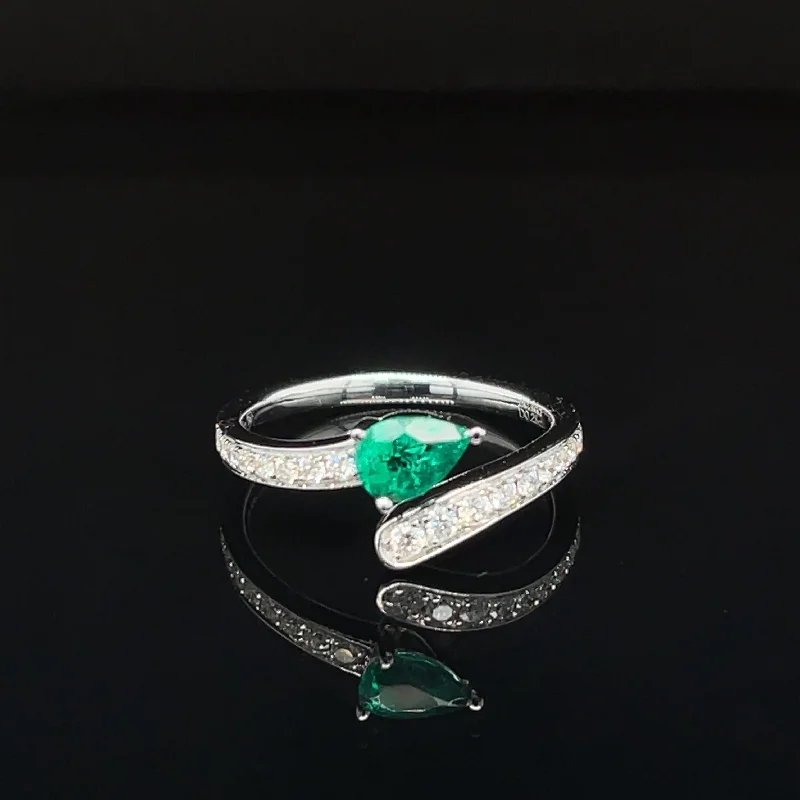 diamond rings for women-Emerald Solitaire & Diamond Bypass Ring in 18k White Gold - #613 - RGEME065799