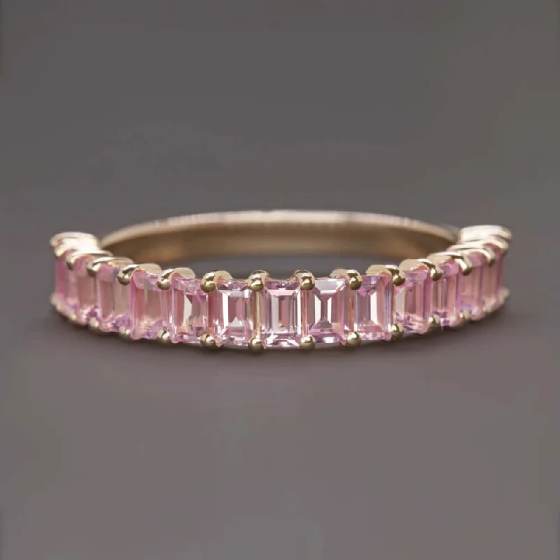 promise rings for women-1.5ct NATURAL PINK SAPPHIRE STACKING RING WEDDING BAND 14k ROSE GOLD BAGUETTE