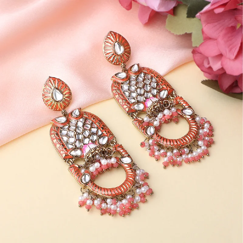 minimalist gold earrings for women-Mahi Orange Meena Work Floral Traditional Dangler Jhumki Earrings with Crystals and Beads for Women (ER11098144GOrg)