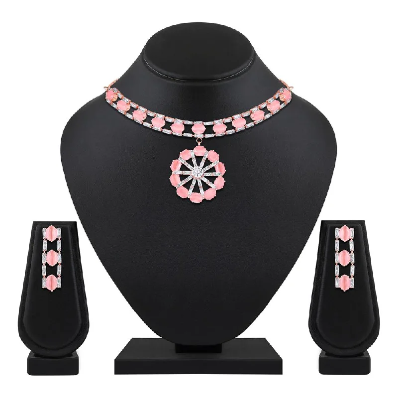 rose gold necklaces for women-Mahi Rose Gold Plated Pink and White Cubic Zirconia (CZ) Floral Women's Necklace Set (NL1103818ZPin)