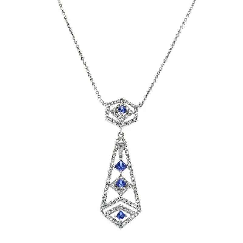 custom name necklaces for women-14K White Gold Sapphire and Diamond Pendant Necklace