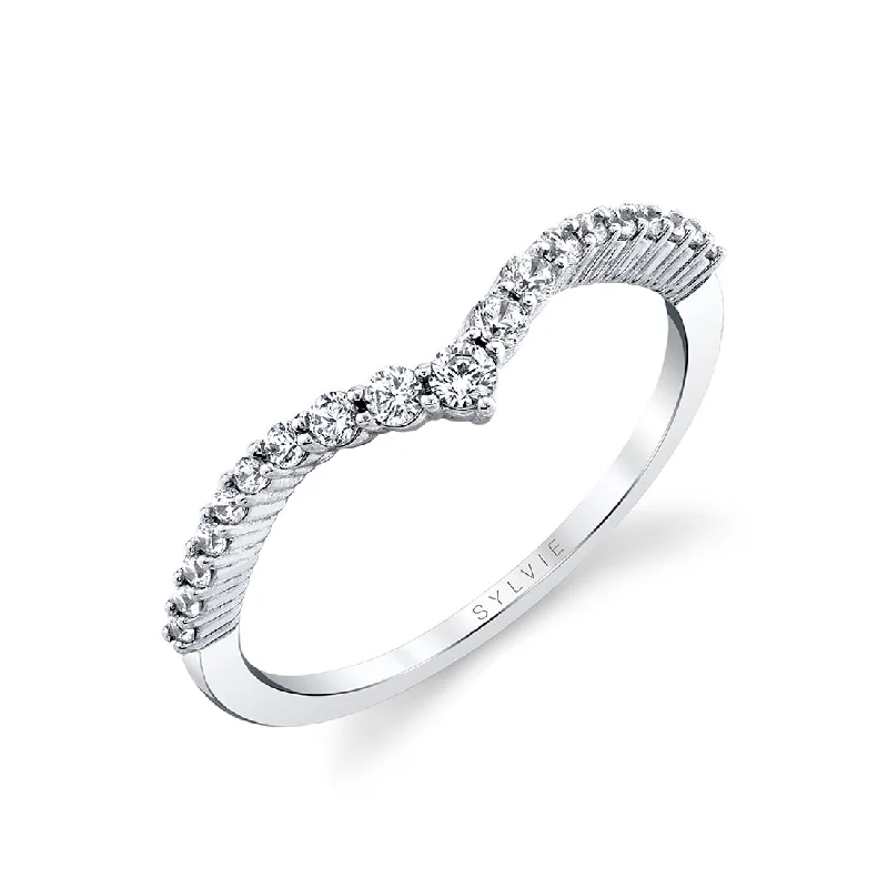 simple solitaire engagement rings for women-Sylvie Curved Chevron Diamond Wedding Band B0080