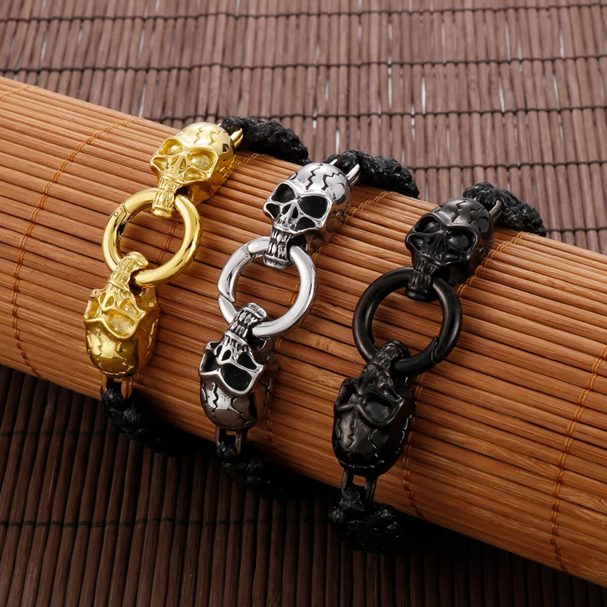 silver beaded bracelets for women-Punk Skull Stainless Steel Rope Plating 18K Gold Plated Men'S Bracelets