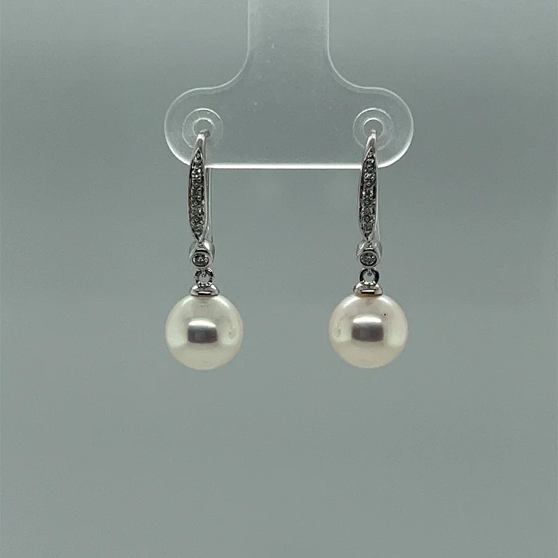 gemstone hoop earrings for women-Fresh Water White Pearl and Diamond Dangle Earrings