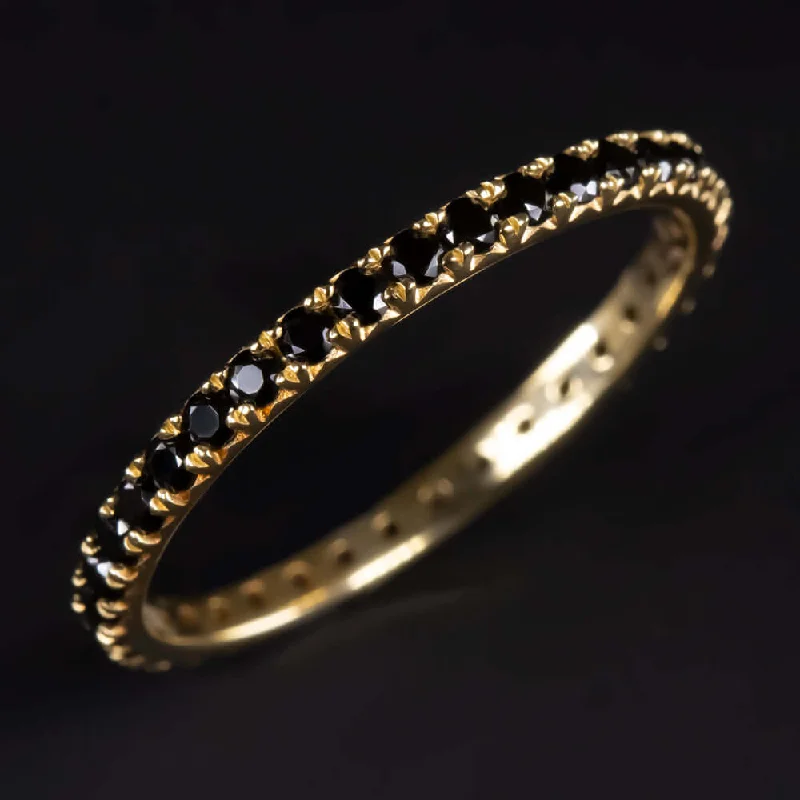 pave engagement rings for women-14K YELLOW GOLD NATURAL BLACK SPINEL ETERNITY RING STACKING WEDDING BAND THIN