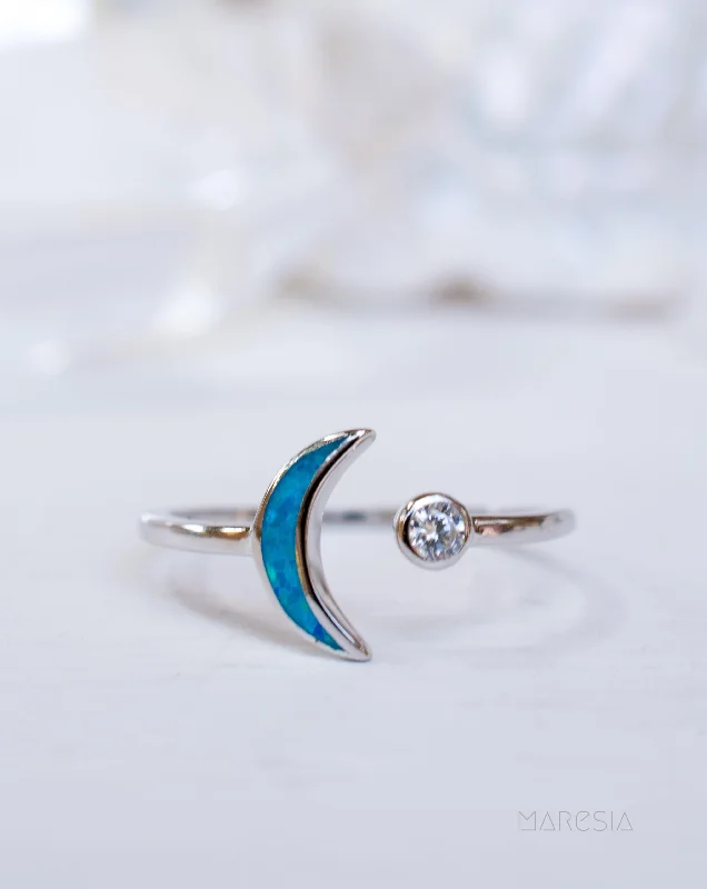 cocktail rings for women-Half Moon & Star Blue Opal Ring ~Sterling Silver 925~ SMR048