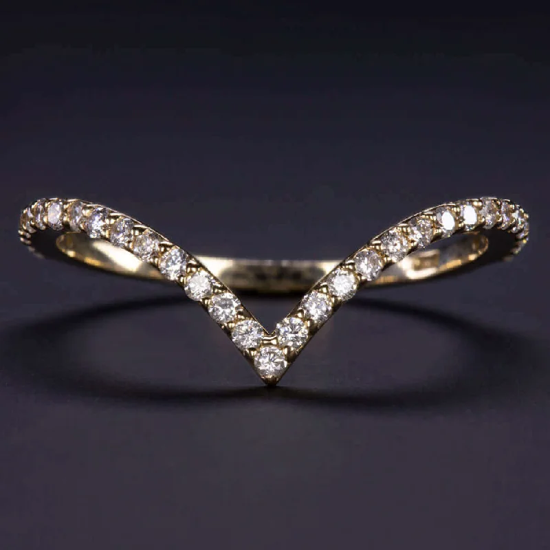 heart-shaped engagement rings for women-DIAMOND 14k YELLOW GOLD WEDDING BAND PAVE V RING CONTOUR CHEVRON STACKING CURVE