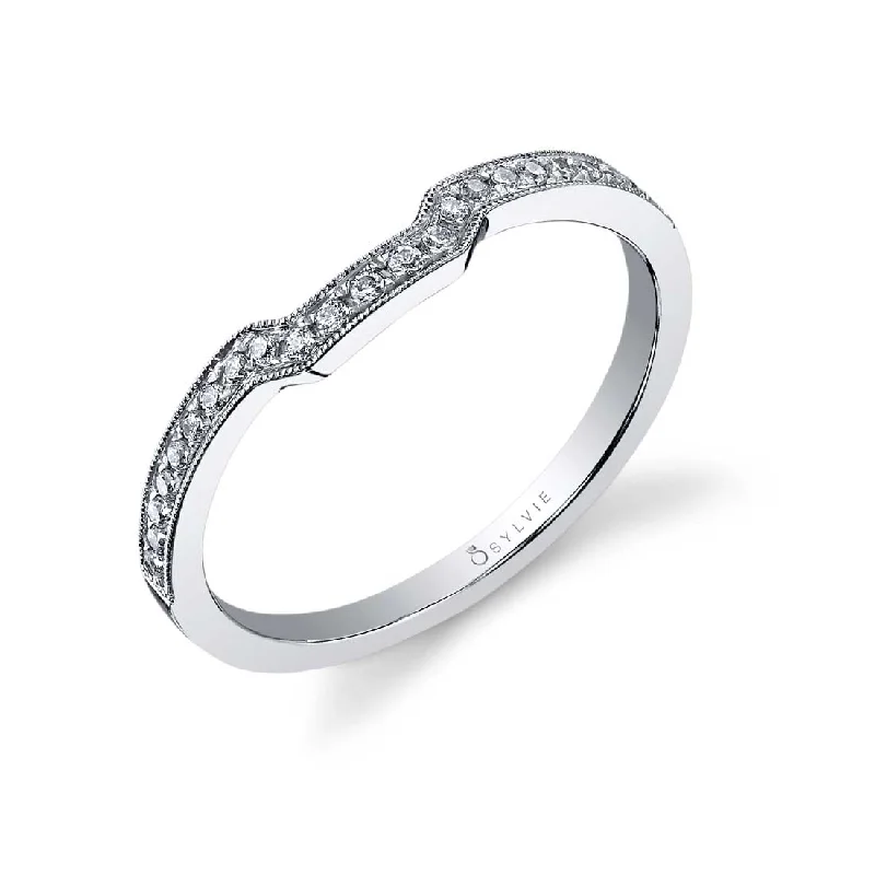 vintage halo engagement rings for women-Sylvie Curved Diamond Wedding Band With Milgrain Accents BSY442