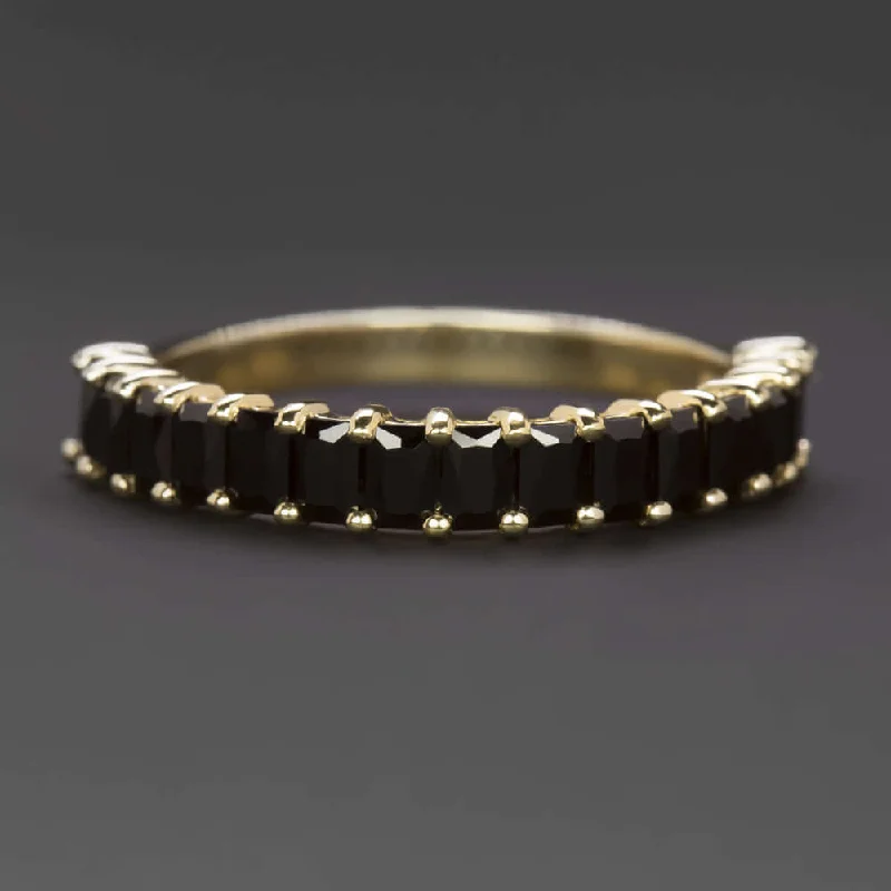 unique halo engagement rings for women-NATURAL BLACK SPINEL STACKING RING WEDDING BAND 14k YELLOW GOLD BAGUETTE CUT