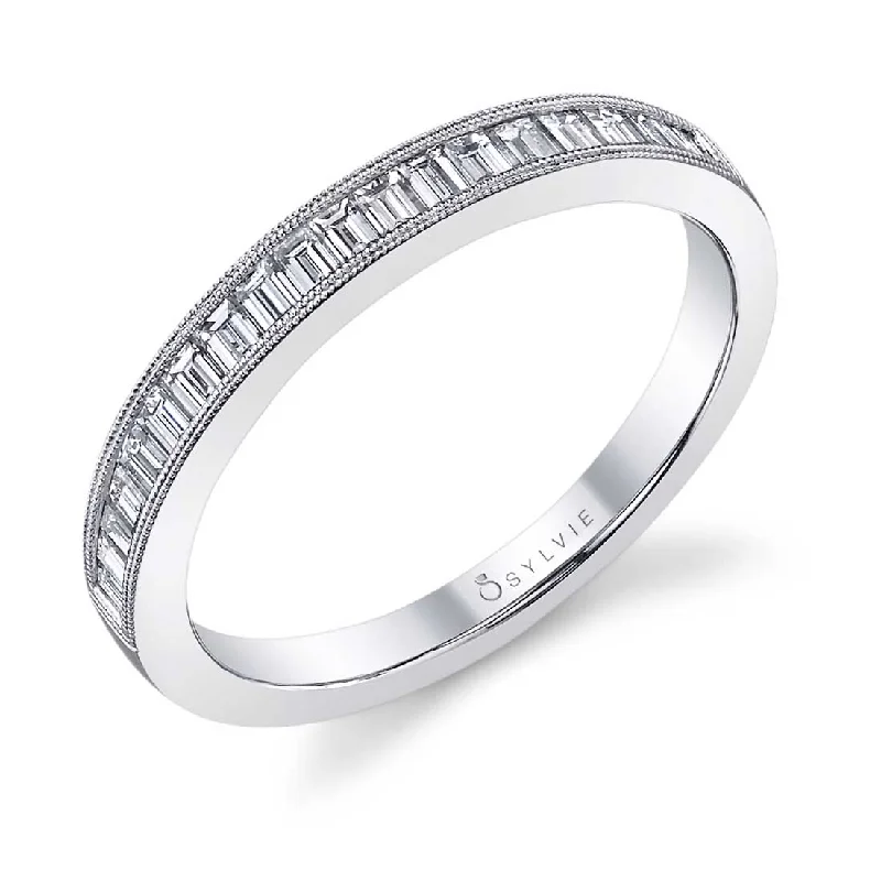 pave engagement rings for women-Sylvie Baguette Wedding Band BSY711