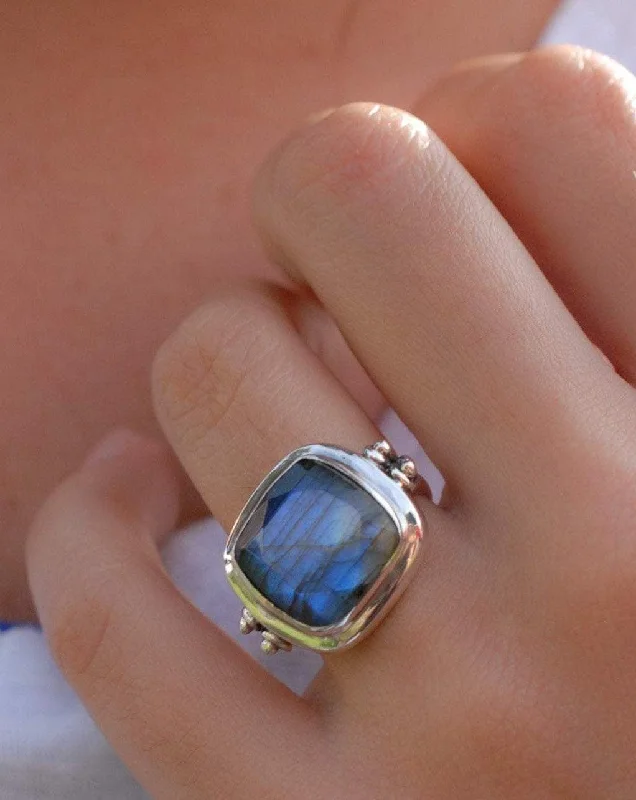 cushion cut rings for women-Alice Rainbow Labradorite  Square Ring ~Sterling Silver 925 ~ MR111