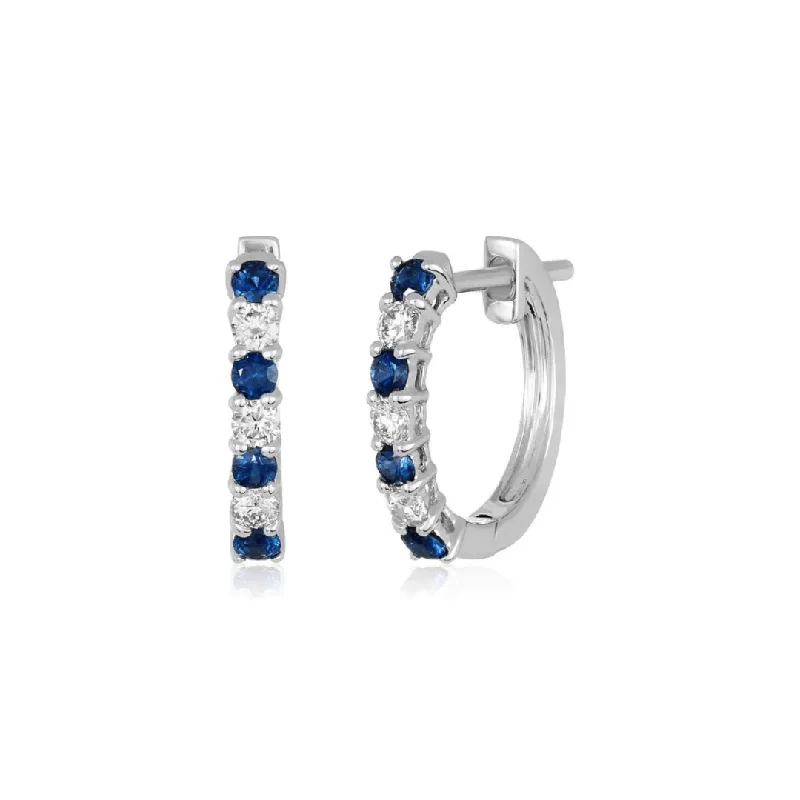 clip-on earrings for women-Blue Sapphire & Diamond Small Hoops