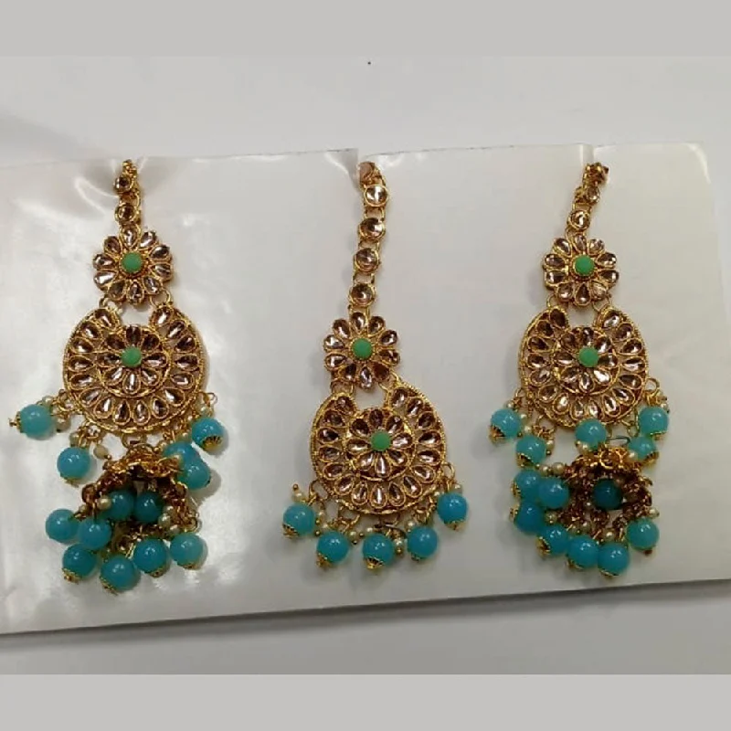 gemstone drop earrings for women-Kumavat Jewels Kundan Stone & Beads Dangler Earrings With Maang Tikka