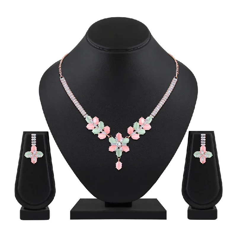 layered gold necklaces for women-Mahi Rosegold Plated Multicolor Cubic Zirconia (CZ) Floral Women's Necklace Set (NL1103821ZMul)