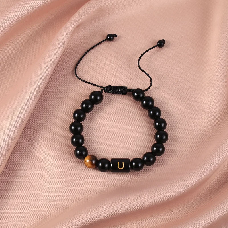 Obsidian Letter U Braided Rope Bracelet