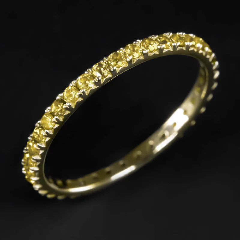 engagement rings with pearls for women-14K GOLD NATURAL YELLOW SAPPHIRE STACKABLE RING ETERNITY WEDDING BAND THIN PAVE