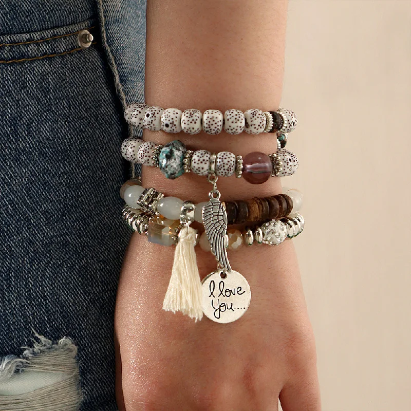 handmade bracelets for women-Fashion Gray Crack Stone Beads Mixed Color Round Tassel Bracelet