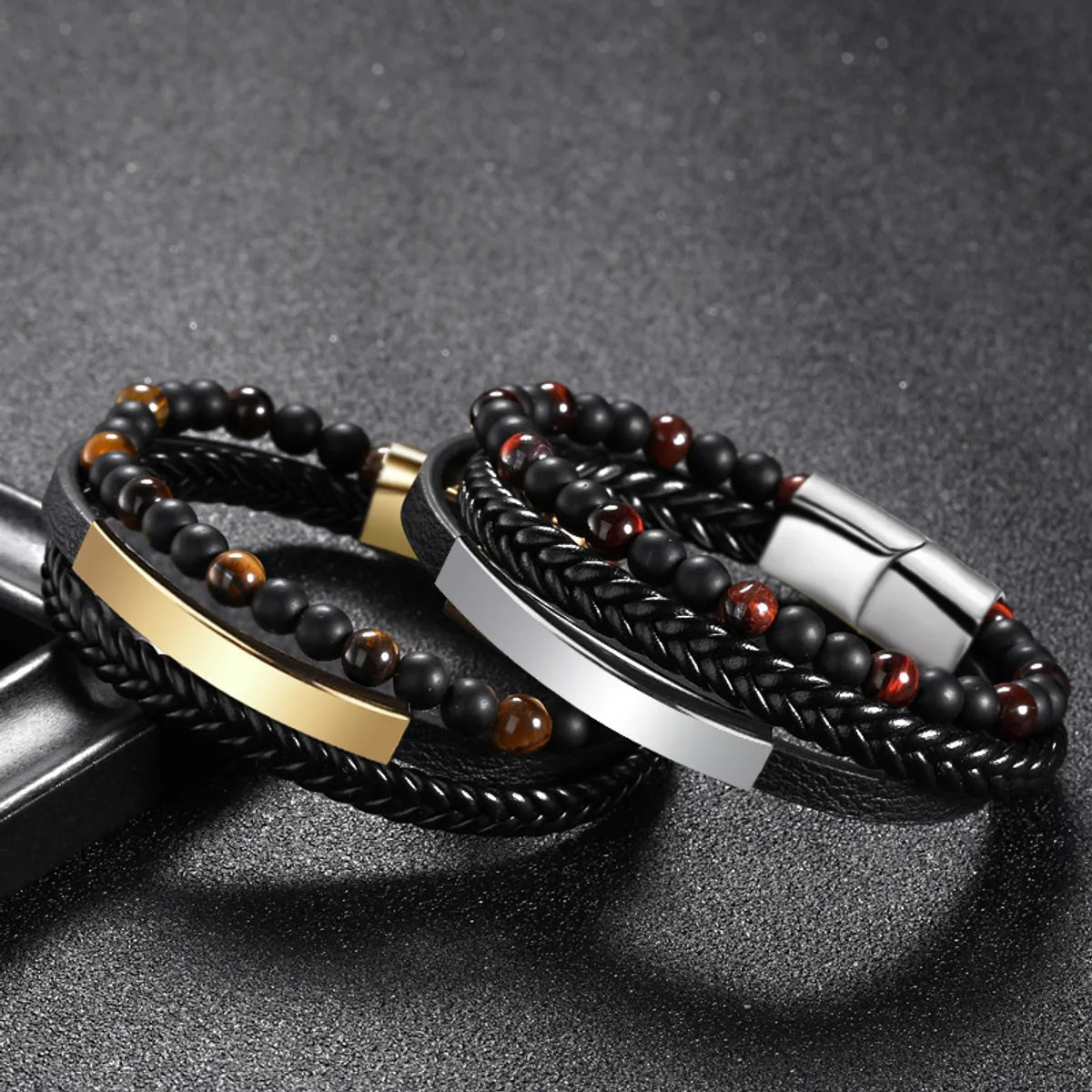 fashion bangles for women-1 Piece Fashion Round Pu Leather Alloy Beaded Layered Patchwork Men'S Bracelets