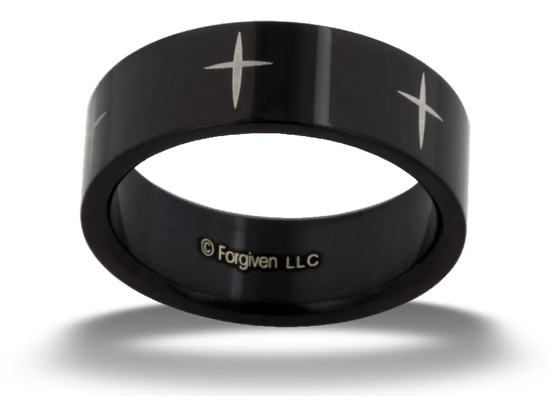 custom engraved rings for women-Black Cross Band Ring size 9