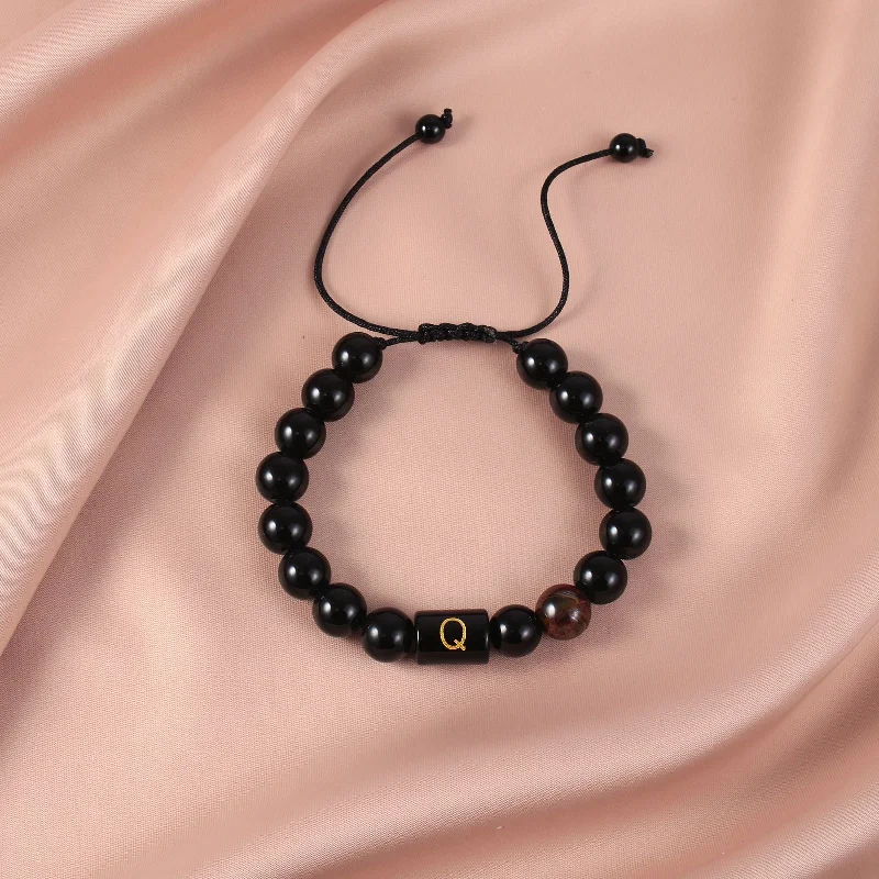 Obsidian Letter Q Braided Rope Bracelet