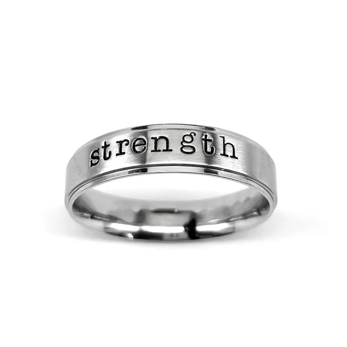 two-tone rings for women-Strength Hand Stamped Band Ring