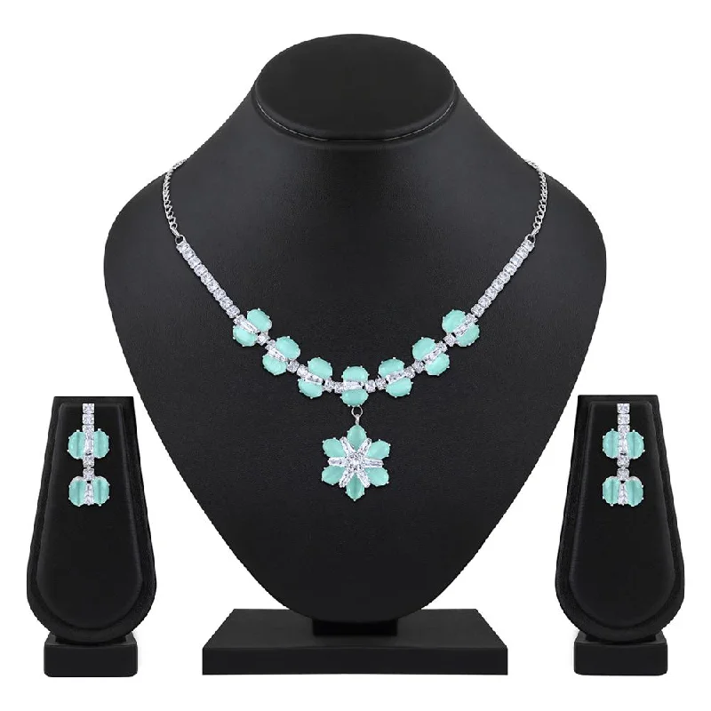 oval pendant necklaces for women-Mahi Rhodium Plated Light Green Cubic Zirconia (CZ) Floral Women's Necklace Set (NL1103820RLGre)