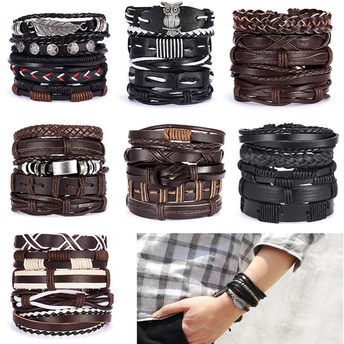 silver charm bracelets for women-Fashion Owl Pu Leather Knitting Men'S Bracelets 1 Piece