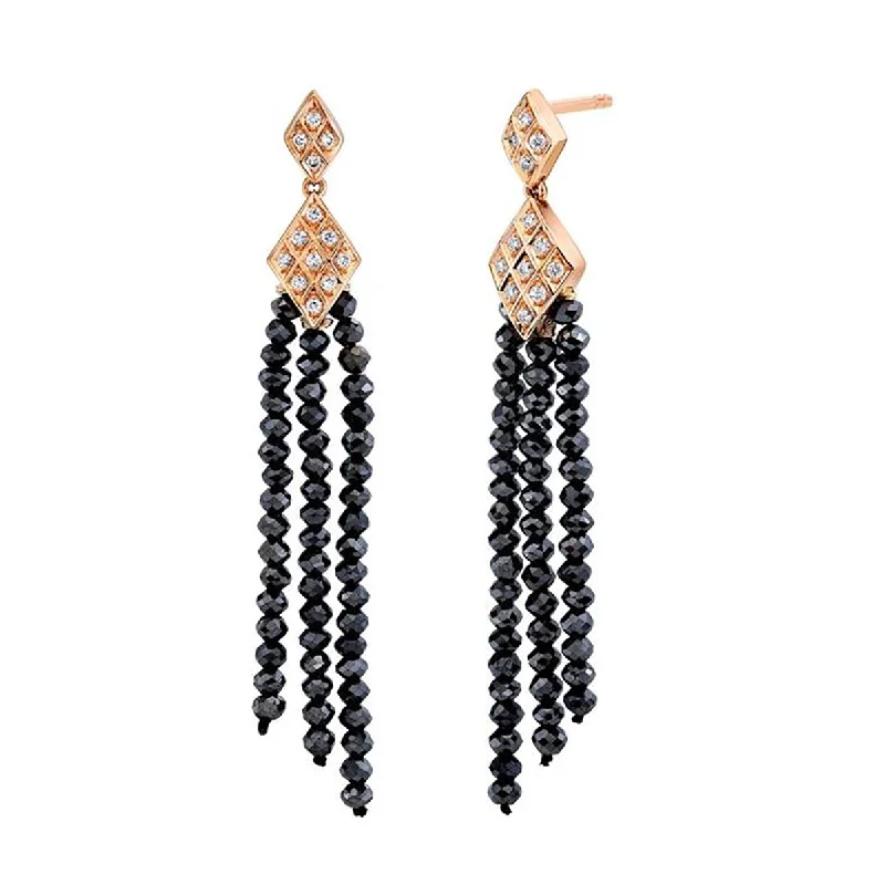 multi-color earrings for women-Black Diamond Bead and Diamond Tassel Earrings