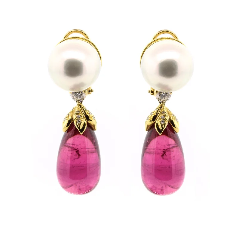 gemstone hoop earrings for women-Henry Dunay Rubellite and Pearl Drop Earrings