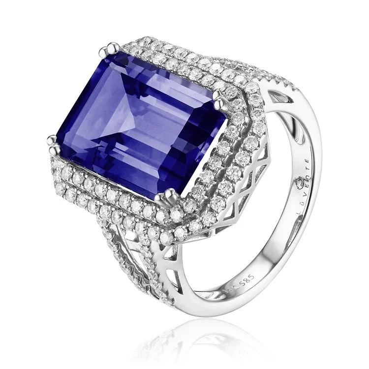 intricate design earrings for women-Luvente 14k Tanzanite and Diamond Halo Ring R01587