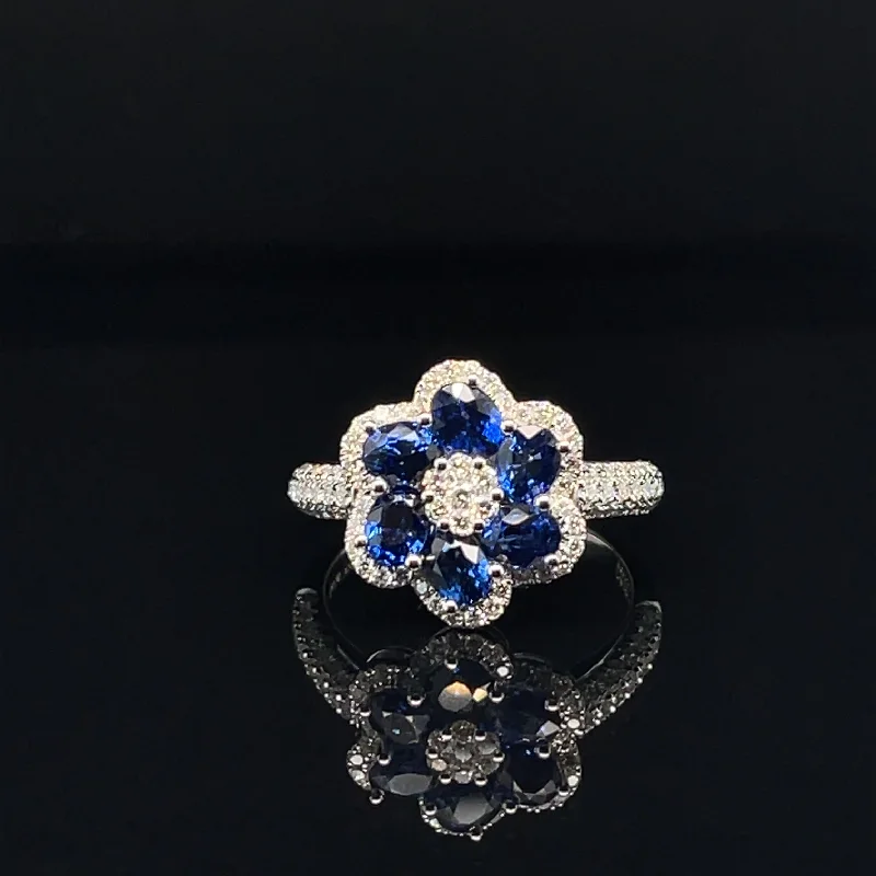 zirconia rings for women-Blue Sapphire & Diamond Flower Cluster Anniversary Ring in 18k White Gold - #516 - RGSAP218013