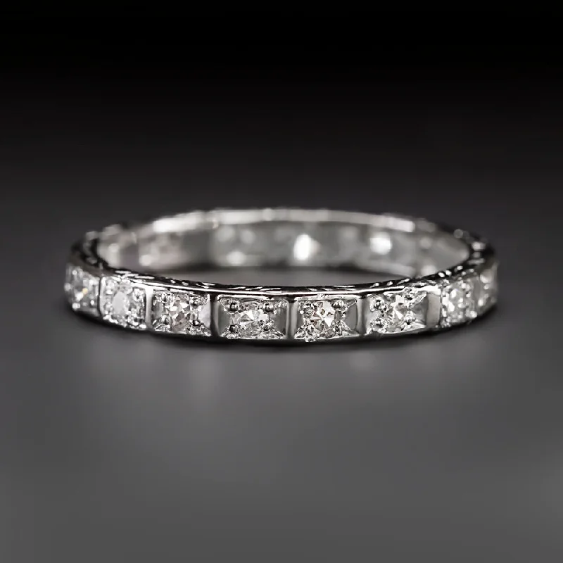 vintage wedding engagement rings for women-VINTAGE DIAMOND ETERNITY RING PLATINUM WEDDING BAND ART DECO NATURAL ENGRAVED