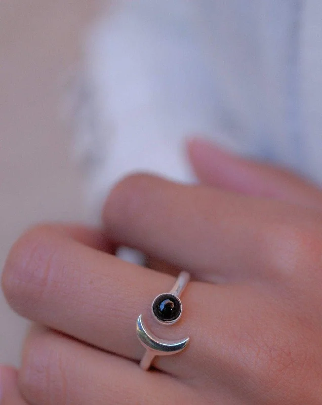 adjustable rings for women-Malibu Half Moon Ring ~ Black Onyx ~ Sterling Silver 925 ~ MR126